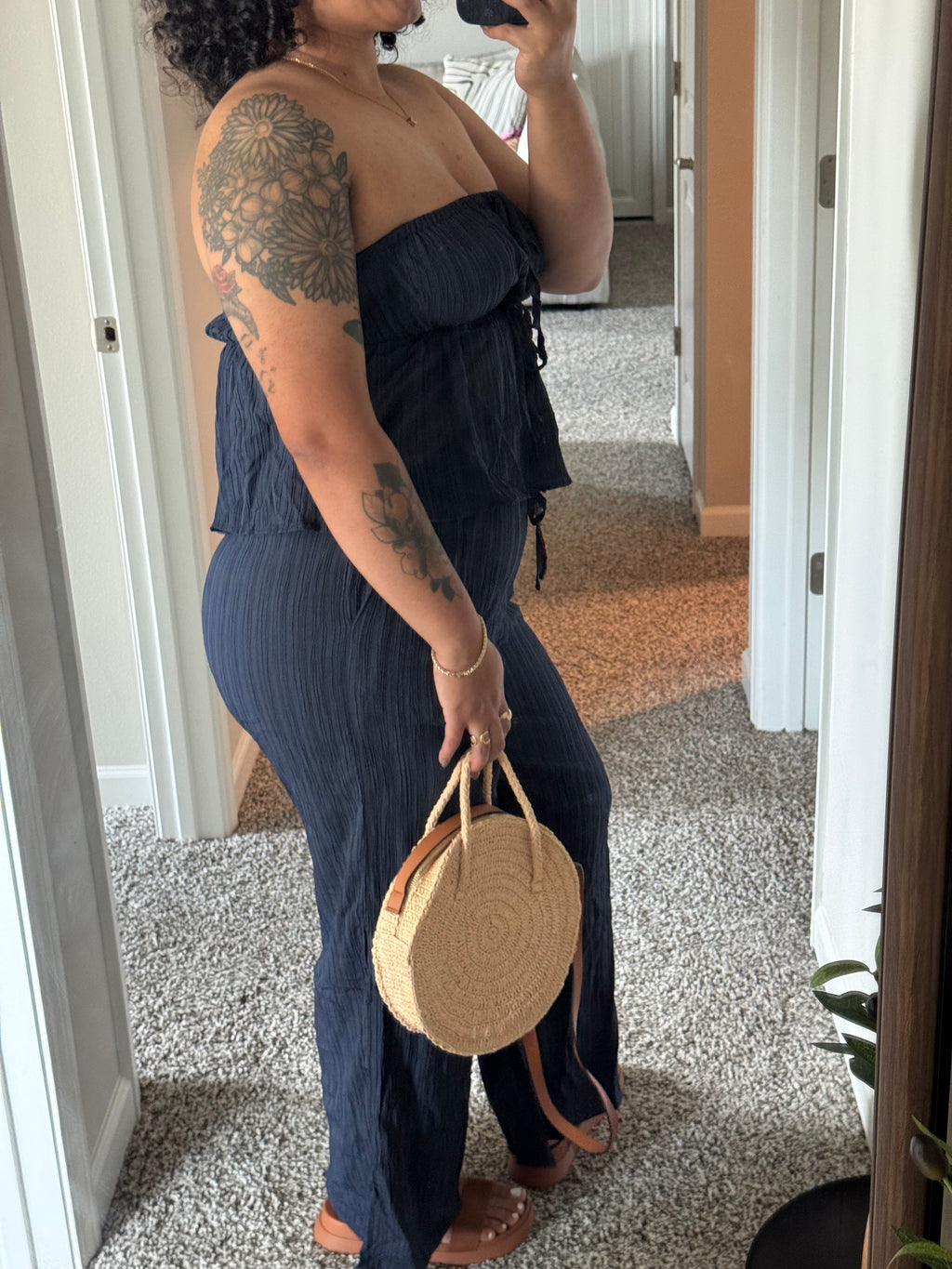 Navy Ruffle Top Wide Leg Pants Set
