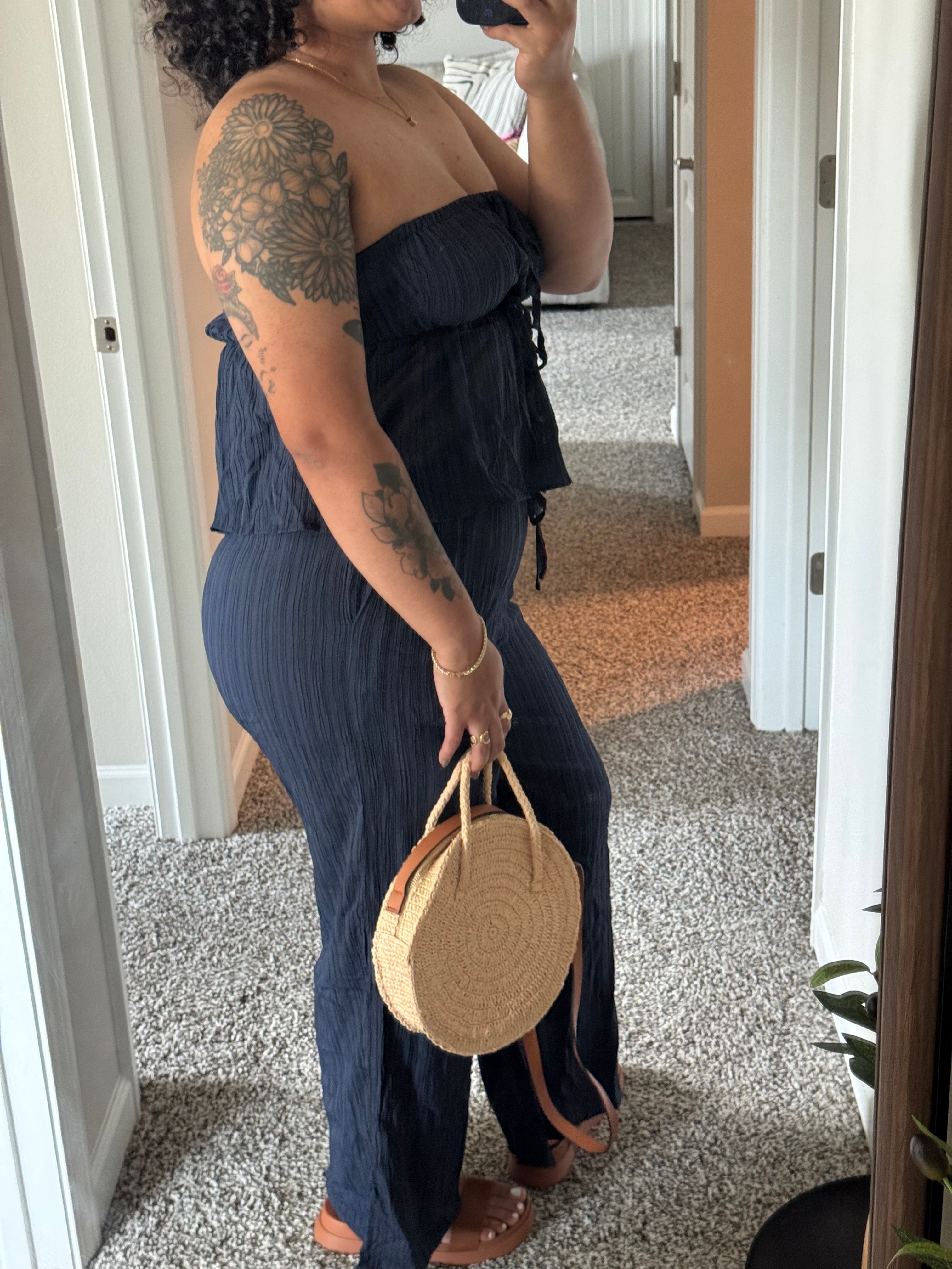 Navy Ruffle Top Wide Leg Pants Set