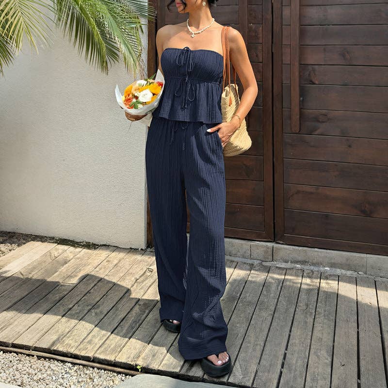 Navy Ruffle Top Wide Leg Pants Set