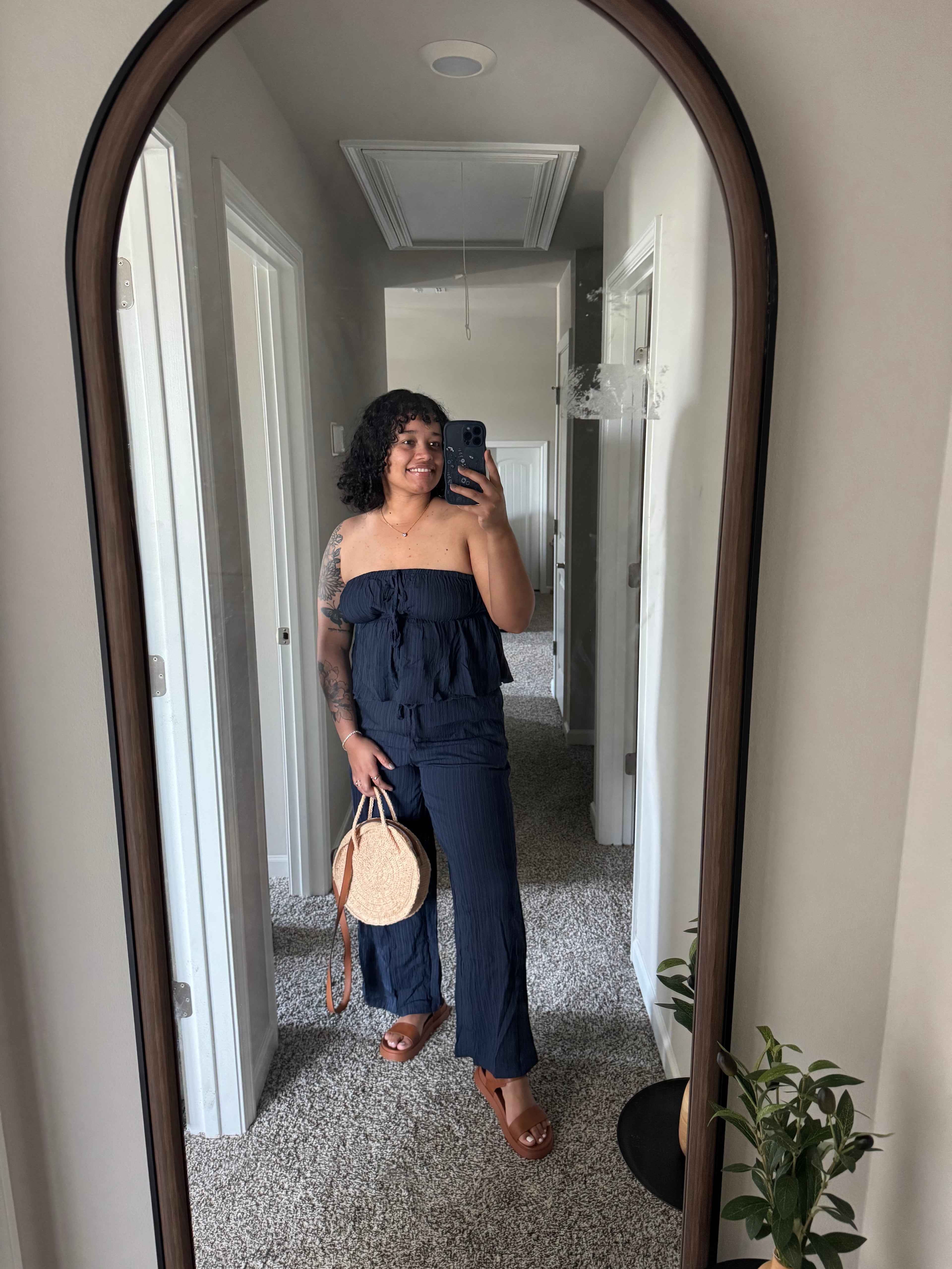 Navy Ruffle Top Wide Leg Pants Set