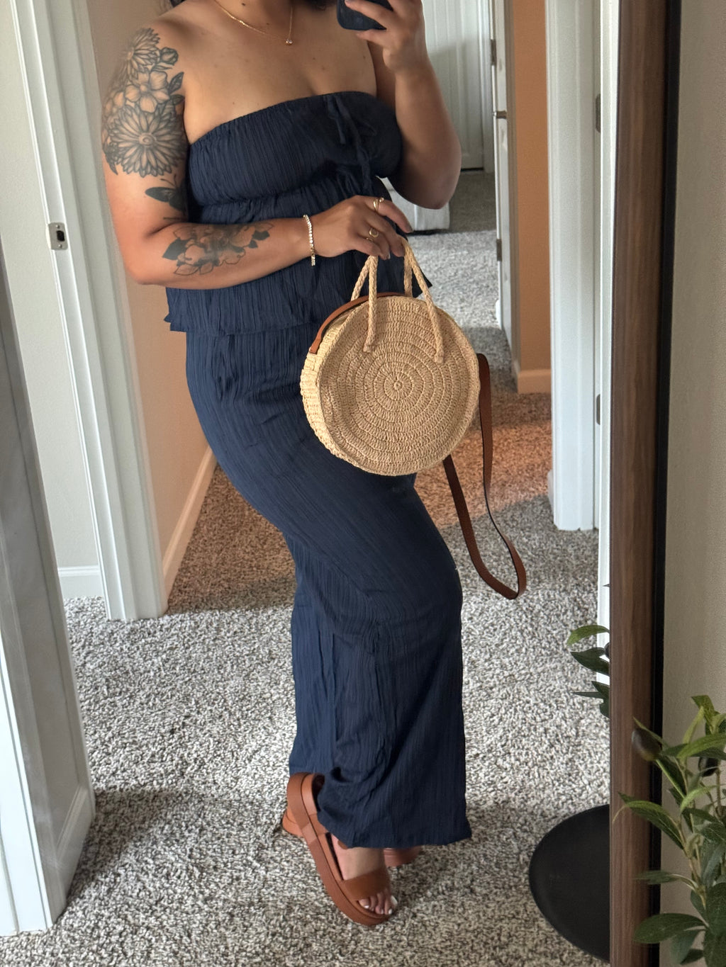 Navy Ruffle Top Wide Leg Pants Set