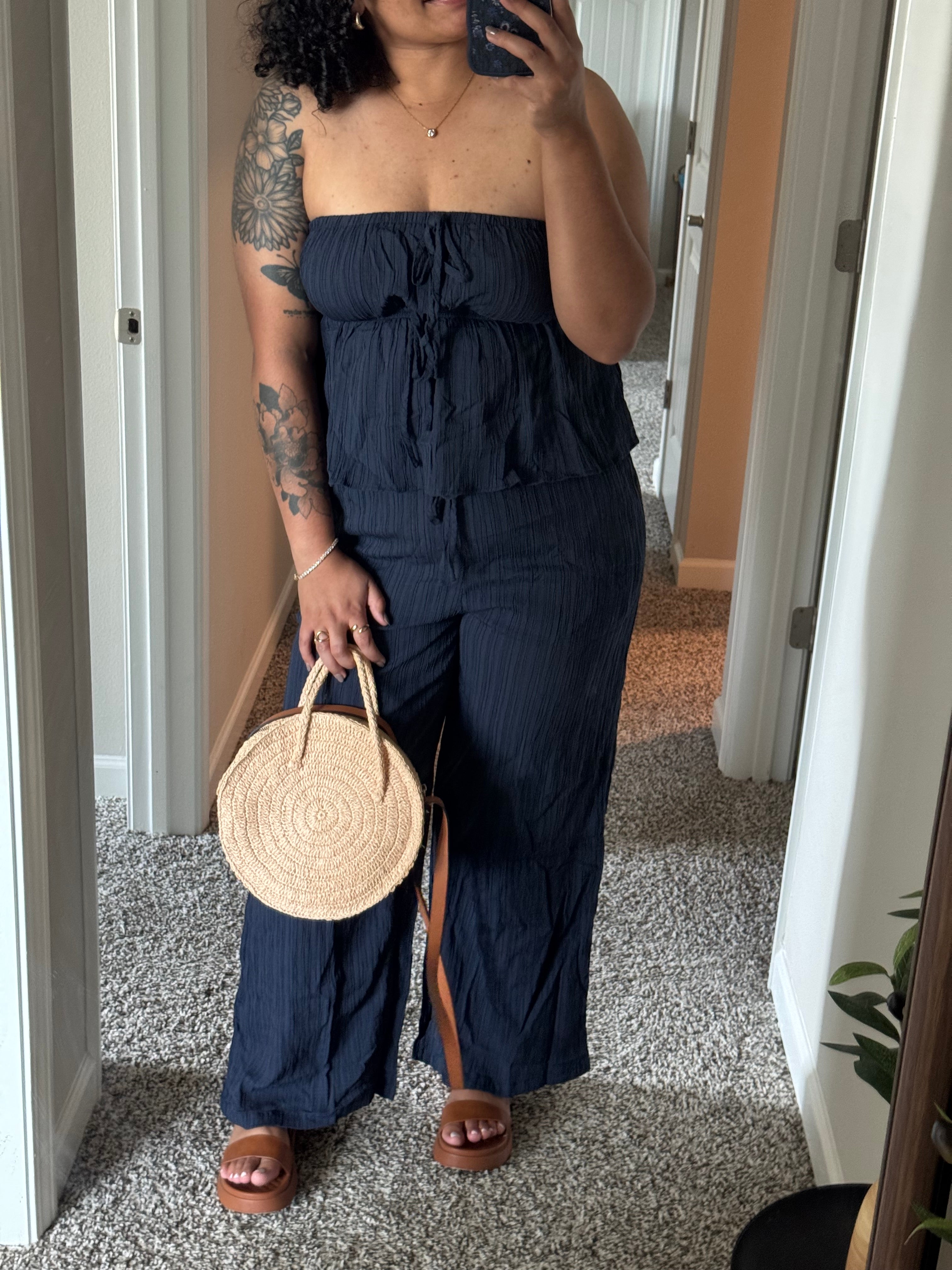 Navy Ruffle Top Wide Leg Pants Set