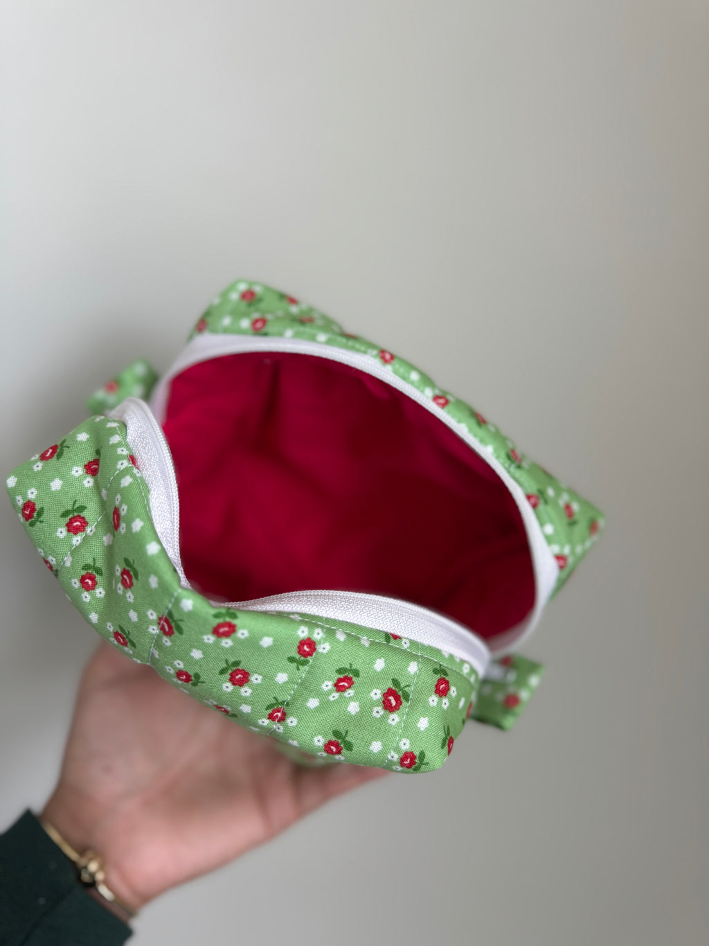 Green/ red flowers makeup bag